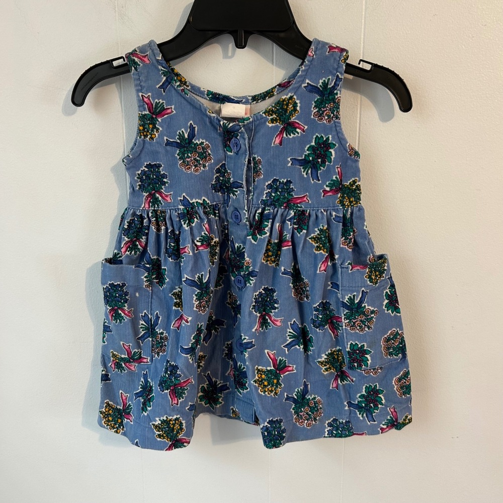 Vintage Carters Toddler Girls 3T Blue Floral Corduroy Jumper‎ Dress Pockets 5451